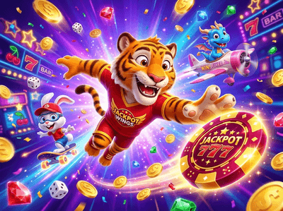 Golden casino slot machines with raining coins in a desert gold rush style